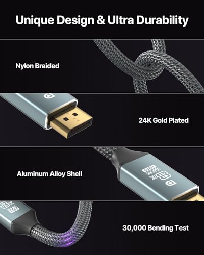 VisionSync 8K DisplayPort Cable 1.4,DP to DP Cable 3.3FT(VESA Certified,8K@60Hz/4K@144Hz/2K@240Hz),Braided 32.4Gbps Display Port Cable Cord Compatible FreeSync G-Sync HDR HDCP Gaming Monitor,TV,PC - Thumbnail 6
