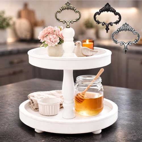 2 Tiered Tray Stand [Includes 3 Changeable Handles] - Rustic Cupcake Stand, Coffee Table Tiered Serving Tray for Kitchen Counter, Stunning Rustic Home Decor, Display Fruits, Plants, Candles (White)