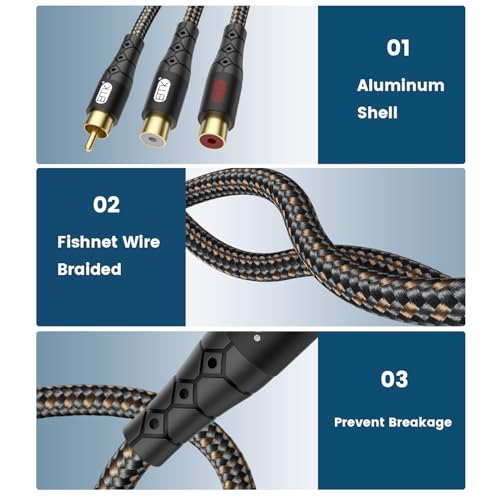 Image of EMK RCA Splitter Cable 1 Male to 2 Female Y Adapter with Copper Shell & 24K Gold-Plated Connector RCA Male to Dual RCA Female Extension Cord Black /1ft /0.3m