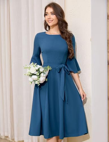 Image of HomRain Women's Church Dresses Modest Bell Sleeve Wedding Guest Cocktail Tea Party Vintage Evening Dress