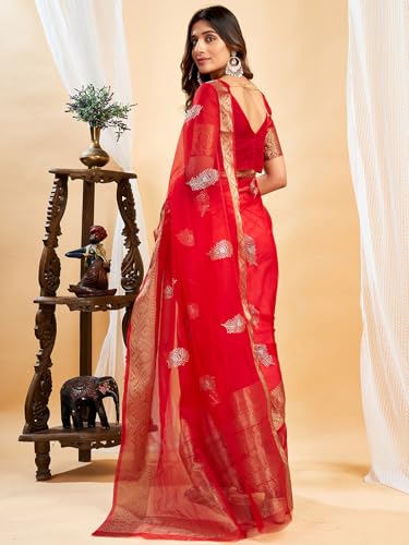 Image of Satrani Women's Organza Sequins Embroidery Jacquard Saree with Unstitched Blouse Piece