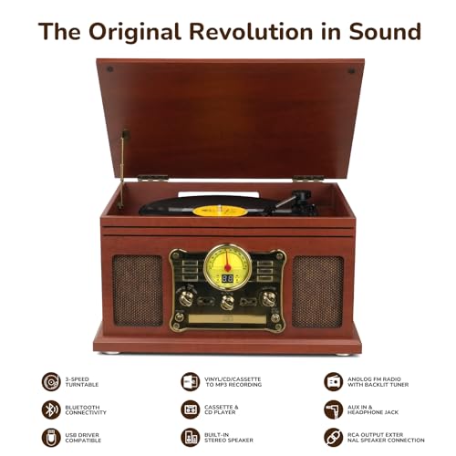 Image of FEKTIK Bluetooth Record Player 10 in 1, 3-Speed Turntable for Vinyl with Speakers, LP to MP3 Converter, CD, Cassette Player, FM Radio, Wireless Streaming | Mahogany