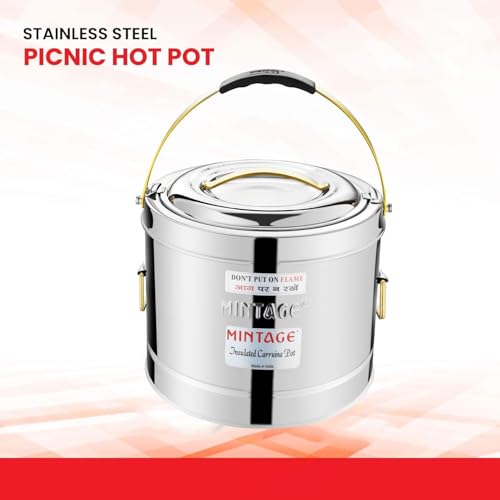 Image of Mintage Sambar Pot Stainless Steel | Sambar Pot with Lid | Casserole for Cooking | Casserole with Side Handles | Canteen & Hotel Container | Biryani Box Puff Insulated Hot & Cold (20 Liters)