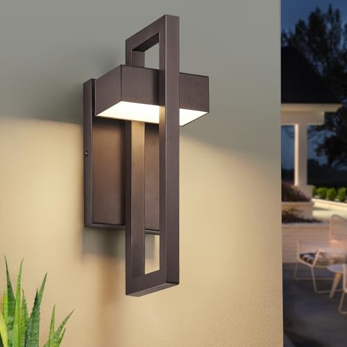 Image of tewei Modern LED Outdoor Wall Sconce Brown Outdoor Lights for House, 13.7'' LED Exterior Lighting Fixtures Outside Wall Mount Lights for Front Porch Hallway, Warm White 3000K, 1 Pack