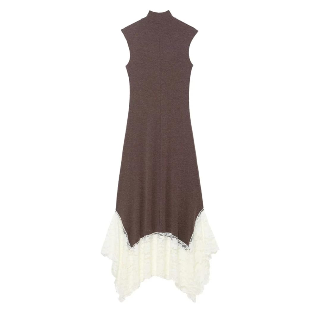 Dress Women's Brown Mock Neck Sleeveless Maxi with White Lace Hem Elegant Asymmetric Knit Dress for Casual & Formal