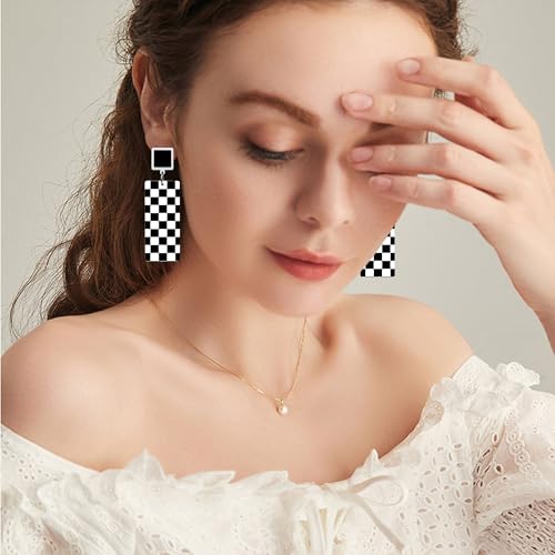 KaFu Checkerboard Earrings for Women 70s 80s Retro Acrylic Black White Striped Checkered Geometric Dangle Earrings Resin Rectangle Earrings Statement Jewelry3
