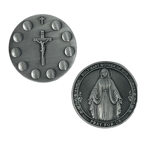 Catholic Rosary Challenge Coin, Religious Medallion with Holy Mary and Crucifix, Bronze Finish