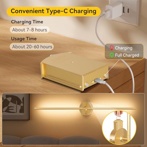 Image of Ouyulong Battery Operated Wall Sconces Set of 2, 8000mAh Wireless Rechargeable 3000-6000K Dimmable 350 Rotate Wall Light with Remote for Living Room, Bedroom 31.6in Gold