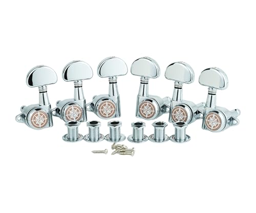 Guyker 6Pcs Guitar Locking Tuners (3L + 3R Handed) – 1:21 Lock String Tuning Key Pegs Machine Heads with Half-Circle Handle Replacement for LP SG Style Electric, Folk or Acoustic Guitars – Chrome