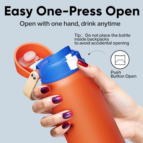 Image of Insulated Water Bottle with Straw - Encool Stainless Steel Water Bottle with Push Button Lid, Leak-Proof & BPA-Free, Keeps Cold for 24 Hours for Sports, Travel, Gym (32 oz, Salmon)