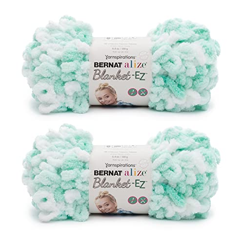 Image of Bernat Alize Blanket-EZ Chunky Yarn for Hand Knitting, White & Mint 2-Pack | #7 Jumbo Yarn, 100% Polyester, Super Soft Looped Crochet Yarn for Hand Knitting, Beginners & DIY Crafts, 18yds per skein