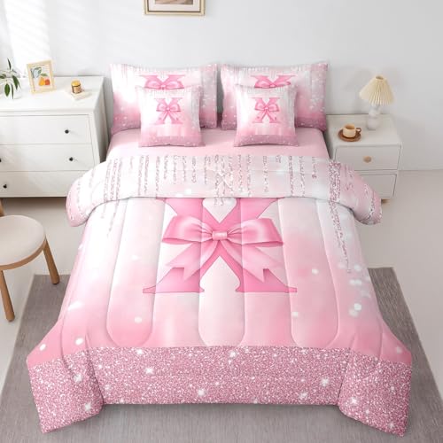 Image of Feelyou Boys Girls Pink Bowknot Bed in A Bag Queen Size, Personalized Initial X 7 Pieces Bedding Set Princess Glitter Comforter Set with Sheets Kids Bow Monogrammed Teens Bed Set Bedroom Decor 7Pcs