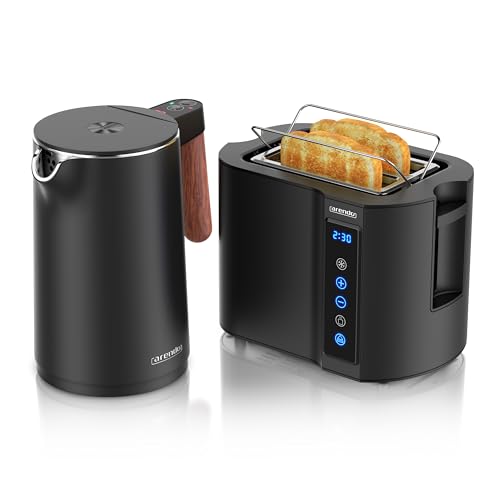 Arendo - Wasserkocher Toaster SET - Edelstahl - Wasserkocher mit Temrpatureinstellung - 45-100 Grad - Warmhaltefunktion - Toaster 2 Scheiben mit Touch Display - mit Brötchaufsatz - Schwarz Matt