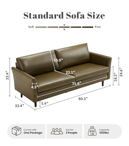 Image of Kingfun 80 inch Faux Leather Sofa Couch, Mid Century Modern Leather Couch with Rolled Arms and Deep Seats, Brown Leather Sofa for Living Room, 3-Seater Couch for Apartment, Office and Bedroom, Olive Green