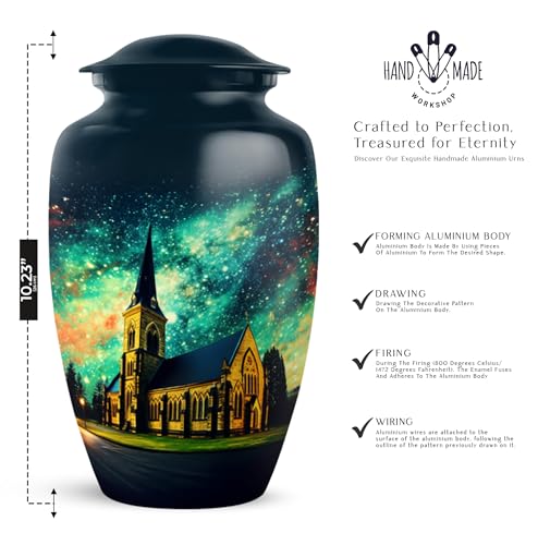 Image of Personalized Church Steeple Night - Funeral Urns For Men - Large Cremation Urn For Ashes For Women - Unique Burial Urns - 10 Inch - Large With Velvet Bag - Adult Decorative Urn For Mom & Dad