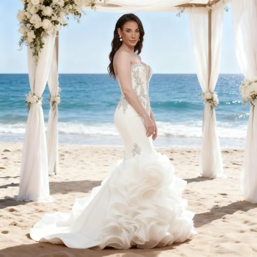 Mermaid Wedding Dresses Sweetheart Luxury Beaded Rhinestones Bridal Wedding Gown with Ruffle Cathedral Train3