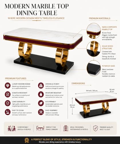Image of 8-Seater Dining Table with Nano Composite Marble Top and PVC Golden Wooden Base |2yr Warranty - Includes 8 Fabric Upholstered Chairs