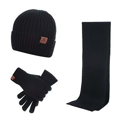Lanzom Warm Winter Men 3 PCS Knitted Set Knit Hat + Long Scarf + Touch Screen Gloves Gift Set (Black, One Size)