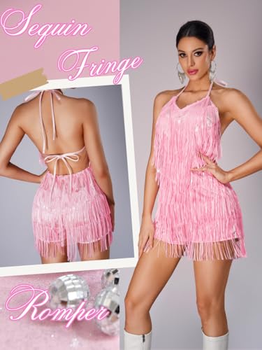 Image of Kaei&Shi Sequin Fringe Romper,Sparkly Glitter Metallic Jumpsuits For Women,Backless Shorts Dress Disco Birthday Dance Outfit