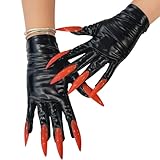 Oxtxuzdm Guantes de espectáculo con patrón de uñas mágicas, transpirables, guantes de teatro, para rutinas de baile, magia, actos, disfraces, eventos, Halloween, guantes de disfraz, Brazo negro y rojo