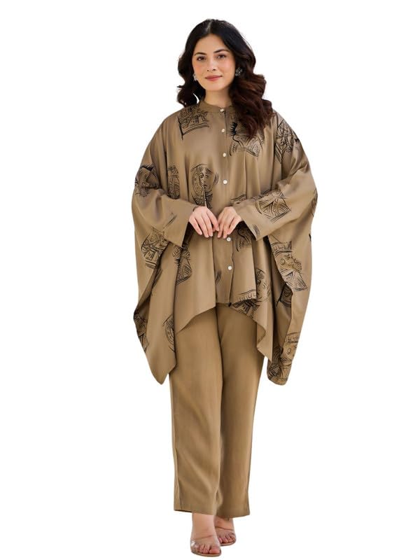 Khaki Green King & Queen Printed Kaftan Co-ord Set in Viscose