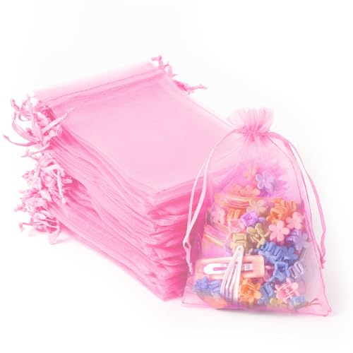 Image of 100PCS Organza Bags, 4x6 inches (10x15cm) Small Mesh Bags Drawstring, Pink Jewelry Gift Bags for Valentine's Day, Party, Festival, Soaps, Makeup Organza Favor Bags