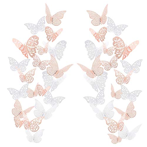 Olgaa 3D Butterfly Wall Decals Sticker Wall Decal Decor Art Decorations Sticker Set in 3 for Room Home Nursery Classroom Offices Decor, 72 Pieces(Silver, Rose gold)