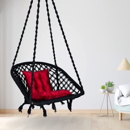 Image of Swingzy Cotton Netted Rope D Shape Hammock Hanging Swing Chair /Jhula for Adults & Kids /Swing with L Shape Red Cushion for Indoor, Outdoor, Garden /Swing Chair with Free Hanging Accessories (Black)