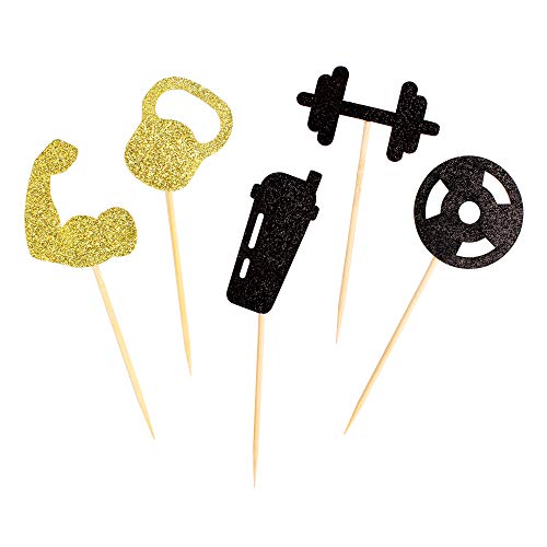 Ercadio 30 Pack Gym Workout Cupcake Toppers Glitter Biceps Dumbbells Kettlebells Abodominal Wheels Bodybuilding Cupcake Picks Fitness Themed Birthday Party Cake Decorations Supplies