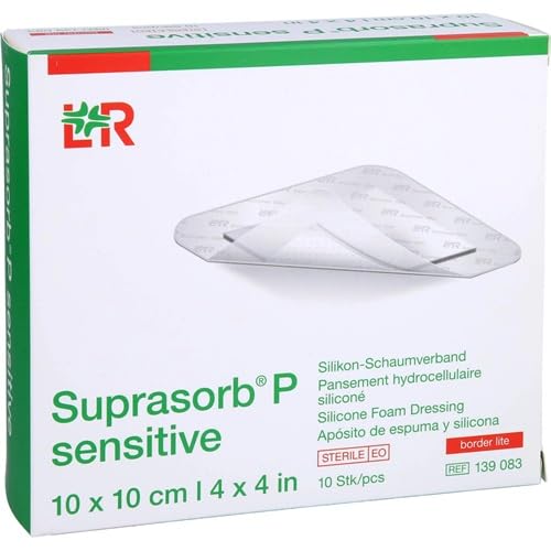 Lohmann & Rauscher Suprasorb P Sensitive Border Lite - Confezione da 10 medicazioni in schiuma di silicone, sterili, 10 x 10 cm