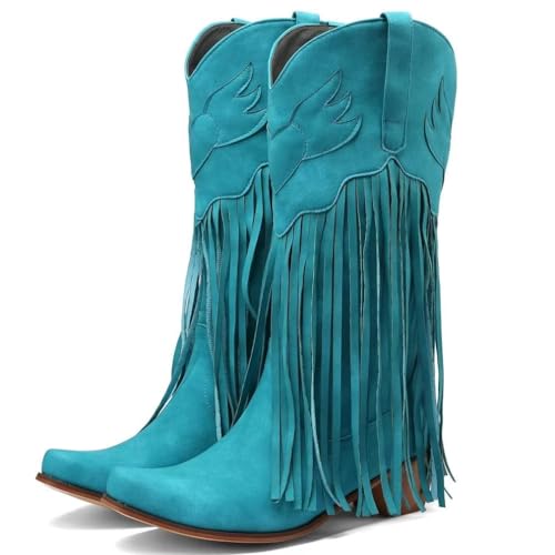 KISSASA Fringe Denim Cowgirl Boots Pointed Toe Mid Claf Cowboy Boots Chunky Stacked Heel Western Boots