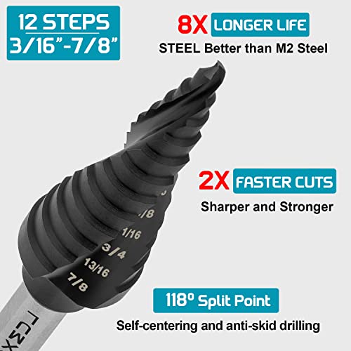 Oxmul M35 Step Drill Bit For Metal, 3/16 To 7/8, Cobalt Bits, Extra-Heavy Duty For Stainless Steel, Hard Steel, Mild Metal, Aluminum, Wood, Industrial Grade, 12-Steps. Co35A2-A #TOP1