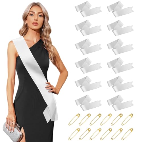 HRXMS 12Pcsk Blank White Satin Sash - DIY Senior Bride Pageant Sashes with Safety Pins Plain Satin Sash for Pageants Senior Sash Custom Sash DIY Personalized Sash for Birthday Party