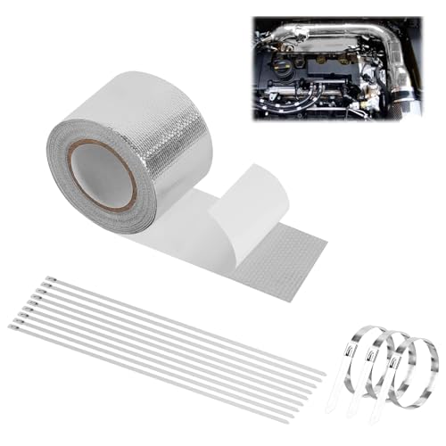 JKITNHJOT Hitzeschutzband Auspuff 10M x 5cm, hitzebeständiges Auspuffband, selbstklebendes Dichtband mit 12 Kabelbindern für Auto & Motorrad Krümmer Reparatur