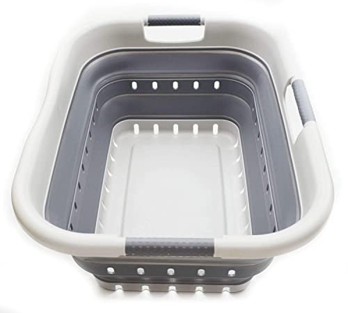 Image of SAMMART Collapsible 3 Handled Plastic Laundry Basket - Foldable Pop Up Storage Container /Organizer - Portable Washing Tub - Space Saving Hamper /Basket (3 handled rectangular, Grey /Dark Grey)
