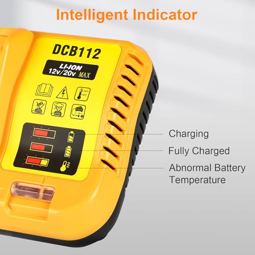 DCB112 Charger Repalcement for Dewalt 12v/20v Battery Charger Compatible with Dewalt 12v/20v Max Battery DCB200 DCB203 DCB125 DCB107 Yellow