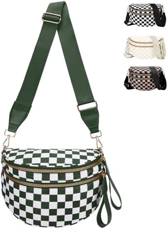 Checkered Crossbody Bag for Women, Large Nylon Checkered Bum Bags Cross Body Checkerboard Purse with Adjustable Strap(Olive&White Plaid)