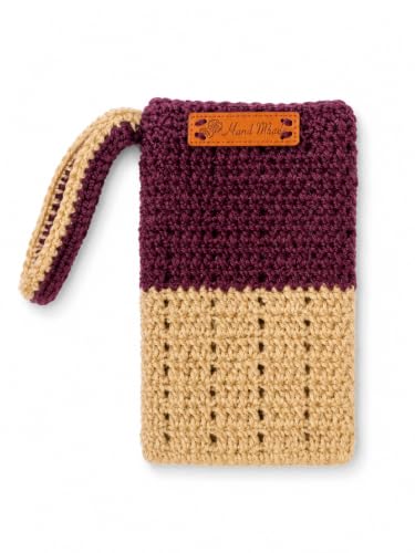 Image of Handmade Crochet Mobile Pouch for Women & Girls | Knitted Phone Holder with Wrist Strap | Cute Floral Aesthetic Mobile Cover Case | Soft Yarn Handmade Gift (BurgendyBeige)