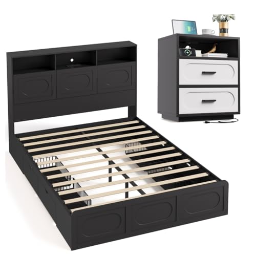 Image of 2 Pieces Bedroom Set, Queen Size Bed Frame with Storage Headboard, Nightstand with Charging Station, Black
