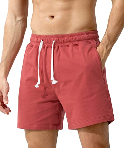 Casey Kevin Men's Sweat Cotton Shorts Summer 5 Inch Short with Zip Pockets Elasticated Waist Drawstring Casual Running Shorts,Brick-Red,XL