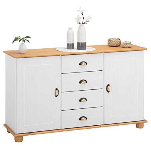 IDIMEX Buffet Colmar Commode bahut vaisselier Meuble Bas Rangement avec 4 tiroirs au Centre et 2 Portes battantes de Chaque côté, en pin Massif lasuré Blanc...