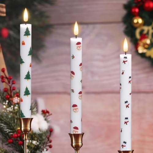 Image of GenSwin 6 Pcs LED Taper Candles with Remote Timer, Christmas Decals, Battery Operated, White Wax, Classic Style, Energy Efficient, 9.6 inch H