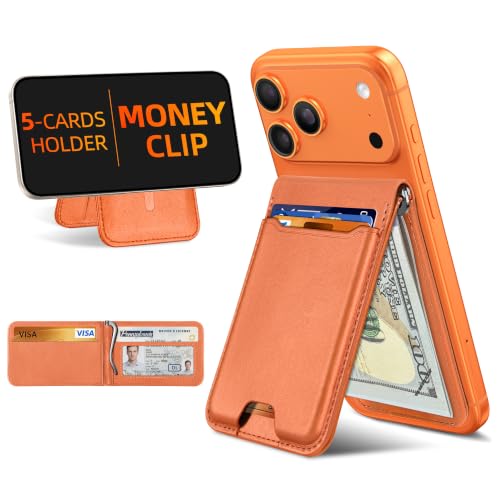 ExtreLife For Magsafe Wallet with Money Clip Strongest Magnetic Wallet for iPhone 17/16/15/14/13/12 Series Adjustable Stand ID Window 5 Card Holder RFID Blocking Not for 13/12 Mini Orange