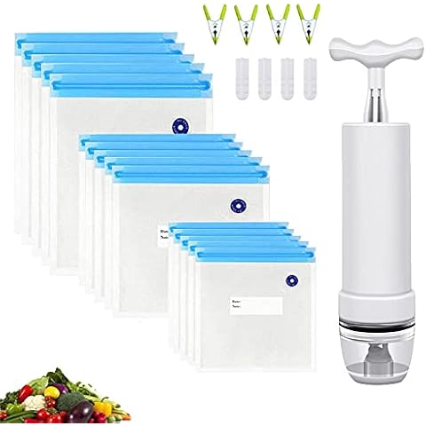 Sous Vide Bags 15pack Reusable Vacuum Food Storage Bags for Food Storage, Different Size Vacuum Food Saver Bags with 1 Hand Pump, 4 Sealing Clips and 4 Sous Vide Clips Cover