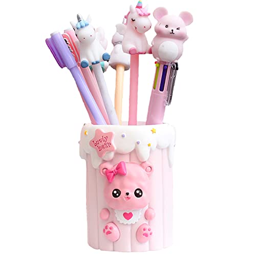 Rosechen Bear Desk Pencil Holder for Kids, Cute Pen Organizer Container for boys and girls, Stationery Makeup Brush Storage for Home Decor School Classroom(Pink)