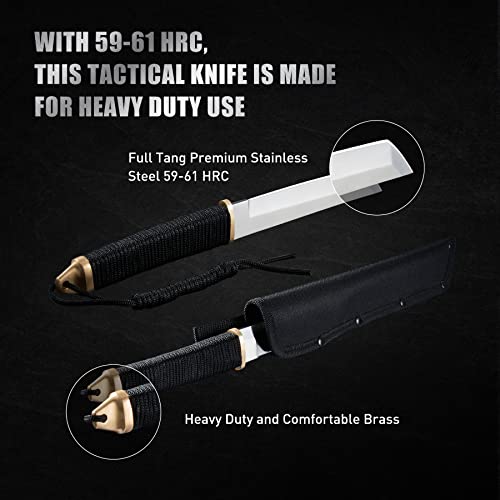 Leopcito 11.5\" Japanese Fixed Blade Tactical Knives with Sheath, Stainless Steel Silver Survival Hunting Bushcraft Full Tang Tanto Blade Knife with Paracord Handle for Camping, Adventure, EDC, C101SL