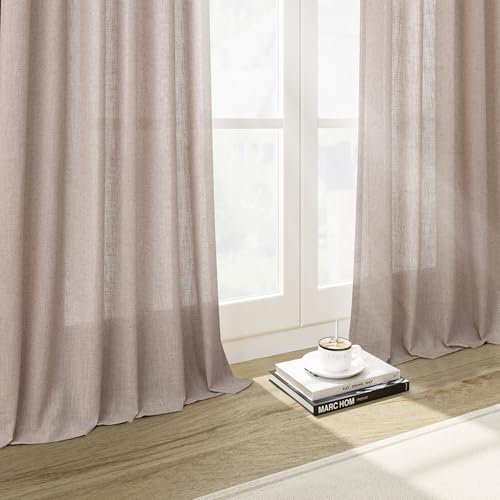 Image of Oatmeal Linen Curtains 84 Inches Long for Bedroom Back Tab Light Filtering Privacy Semi Sheer Curtains Modern Farmhouse Decor Oatmeal Cotton Textured Curtain for Living Room 2 Panels Set 52x84