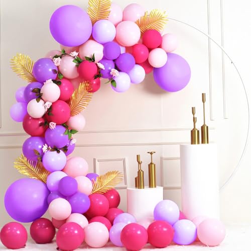 Image of 100pcs Pink and Purple Balloons 12 Inch with Ribbon for Party Decorations | Hot Pink Light Pink Pastel Purple and Purple balloons for Girls Women Birthday Wedding Party Decorations