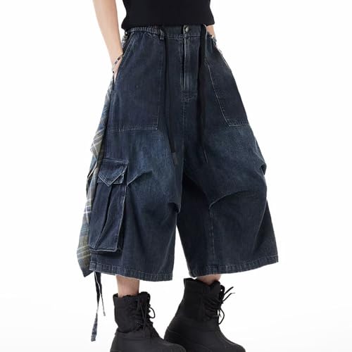 High Waisted Baggy Wide Leg Flare Jeans for Women Unisex Y2K Retro Streetwear Tartan Patch Cargo Capris Pants3