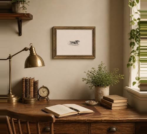 Image of Gold Framed 3D Textured Wall Art, Vintage Sketch Running Dog Canvas Prints, Minimalist Zoomies Flight Dog Pictures Decor, Neutral Funny Animal Gallery Artwork for Living Room Bedroom Nursery 16x12 in